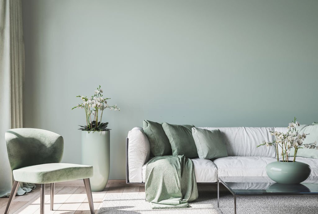 ruang-tamu-luas living room interior mock up, modern furniture and trendy home accessories, on colored background